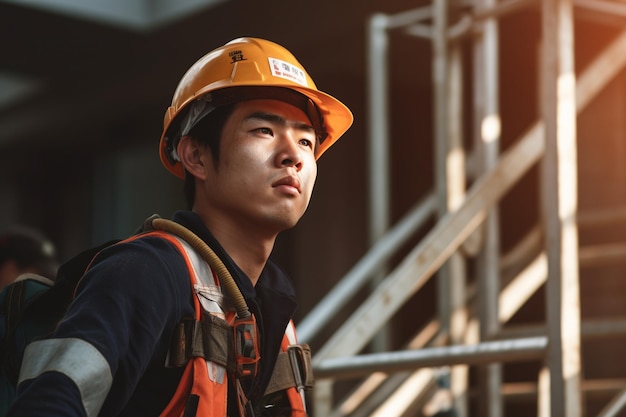 Ein koreanischer Industriearbeiter mit Sicherheitsweste und Schutzhelm arbeitet an einem Projekt mit