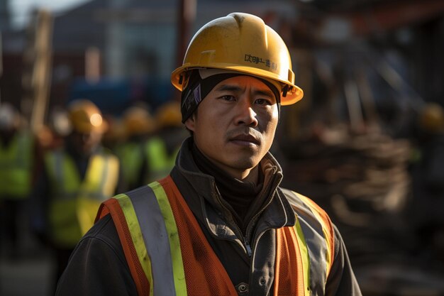 Ein koreanischer Industriearbeiter mit Sicherheitsweste und Schutzhelm arbeitet an einem Projekt mit
