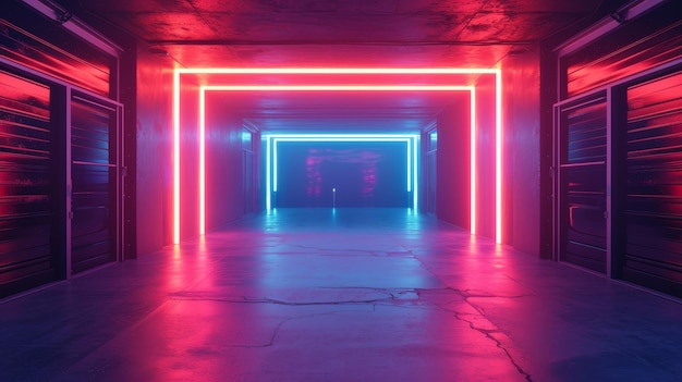 Ein Korridor, der in rosa und blauen Neonlichtern gebadet ist und eine Cyberpunk-Ästhetik mit einem futuristischen Gefühl präsentiert