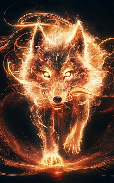 ein kosmischer Feuerwolf, der ausschließlich aus wirbelnden und tanzenden Lichtern besteht