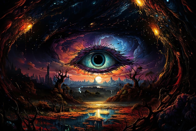 ein kosmisches Auge mit psychedelischen Mustern und faszinierender KI
