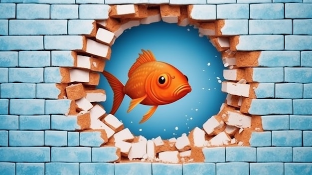 ein kostenloses Foto eines 3D-gerenderten Fisches an der Wand