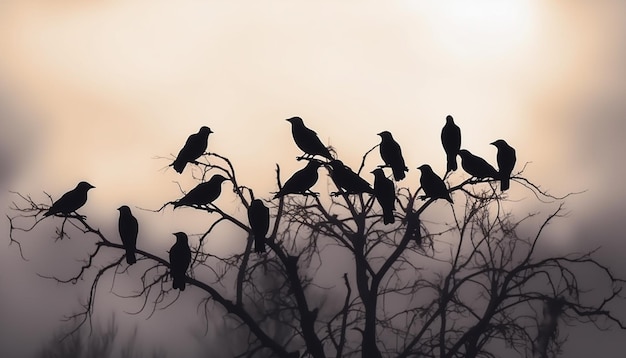 Ein Krähenschwarm sitzt abends auf einem kahlen Baum.