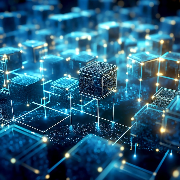 Ein kraftvolles Bild eines miteinander verbundenen Blockchain-Netzwerks in einem dunkelblauen Design