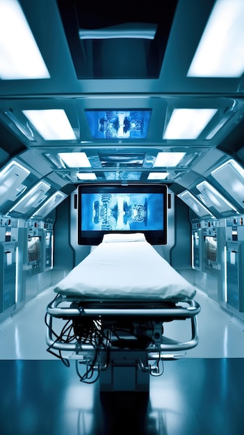 Ein Krankenhausbett befindet sich in einem Krankenzimmer mit einem Bildschirm mit der Aufschrift „Doctor Who“.