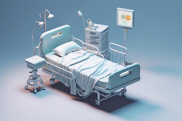 Foto ein krankenhausbett mit einem monitor oben.