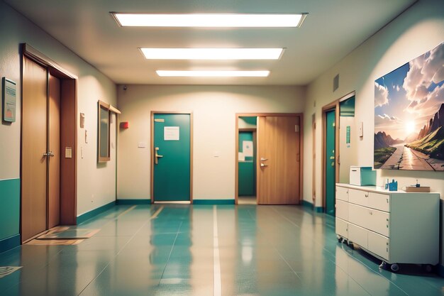 Ein Krankenhausflur mit grünen Türen und einem Schild mit der Aufschrift „Krankenhaus“.