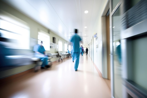 Foto ein krankenhauskorridor mit einer person, die im hintergrund geht