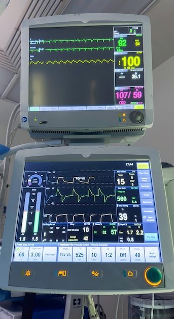 Foto ein krankenhausmonitor, der vitalfunktionen, herzfrequenz, puls, ochsentemperatur, blutdruck, symbo anzeigt