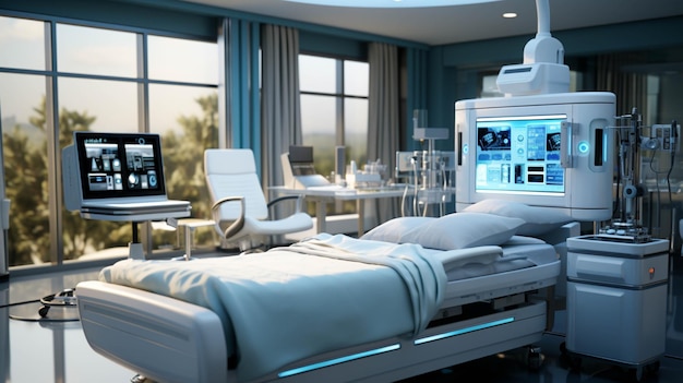 Foto ein krankenhauszimmer mit bett und großer maschine