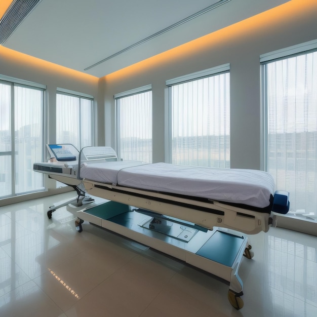 Ein Krankenzimmer mit einem Bett und einem Fenster mit der Aufschrift „Ich bin ein Krankenhaus“.