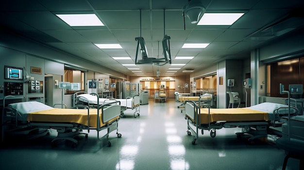 Ein Krankenzimmer mit einem Bett und einer von der Decke hängenden Lampe
