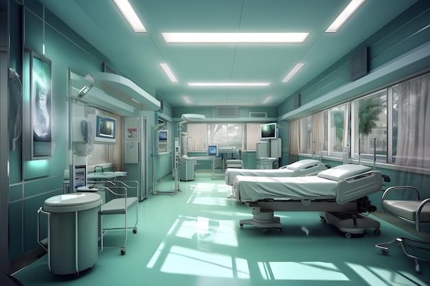 Foto ein krankenzimmer mit einem krankenhausbett und einem monitor an der wand.