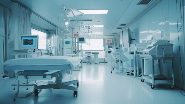 Ein Krankenzimmer mit einem Krankenhausbett und einem Schild mit der Aufschrift „Krankenhaus“.