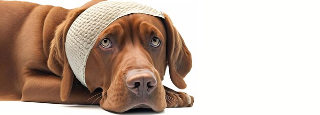 Ein kranker Hund sitzt mit einem Bandage auf dem Kopf und einem weißen Hintergrund, der von KI generiert wurde