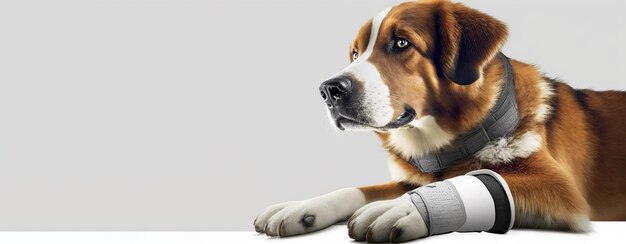 Ein kranker Hund sitzt mit einem Verband an seiner Pfote und einem weißen Hintergrund, der von KI generiert wurde