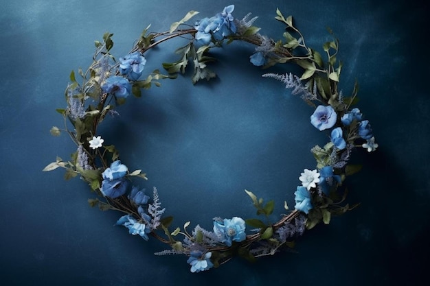 Ein Kranz aus blauen Blumen mit der Aufschrift „Blumen“ auf der Unterseite.