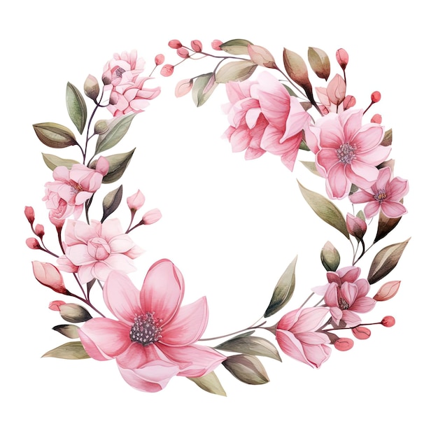 ein Kranz mit rosa Blumen und Blättern auf weißem Hintergrund im Stil des subtilen Realismus