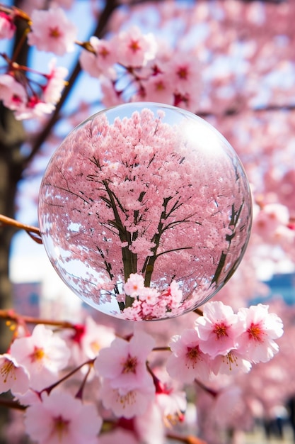 Ein kreatives Foto von Kirschblüten durch die Linse einer Kristallkugel
