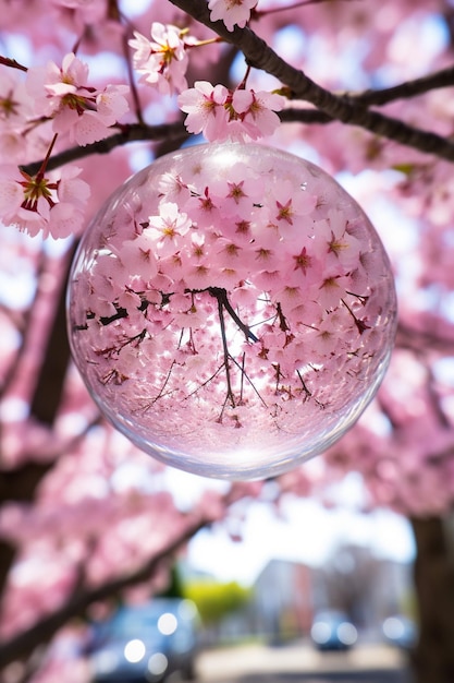 Ein kreatives Foto von Kirschblüten durch die Linse einer Kristallkugel
