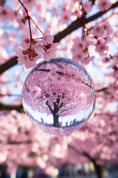 Ein kreatives Foto von Kirschblüten durch die Linse einer Kristallkugel