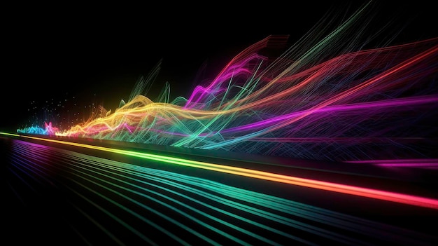 Ein kreatives Foto von neonfarbenen Wellenlinien auf einem dunklen Hintergrund. AIGenerated Image