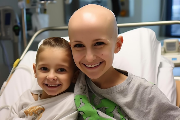 Ein krebskrankes Mädchen mit Glatze und ihrem kleinen Bruder im Krankenhaus. KI-generiert