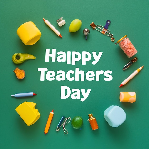 ein Kreis aus farbigen Bleistiften mit den Worten "Glücklicher Lehrertag auf grünem Hintergrund"