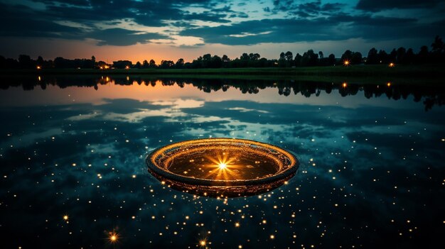 ein Kreis aus goldenen Lichtern spiegelt sich im Wasser wider.