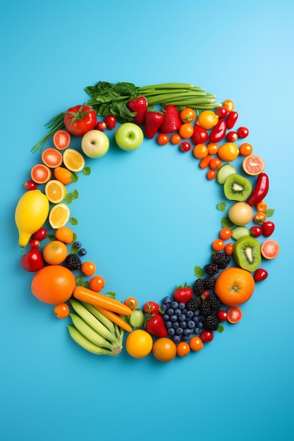 ein Kreis aus Obst und Gemüse mit blauem Hintergrund und einem Kreis aus Früchten.