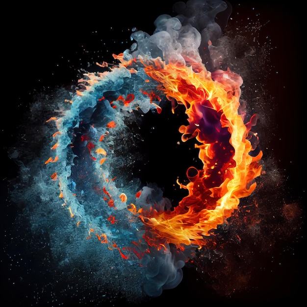 Ein Kreis im Zusammenprall von Eis und Feuer auf schwarzem Hintergrund