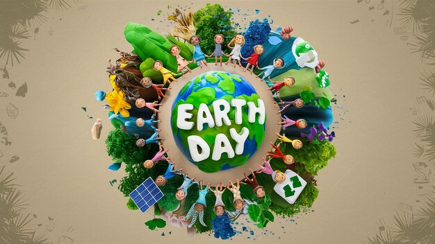 ein Kreis von Menschen rund um die Erde mit den Worten Earth Day darauf