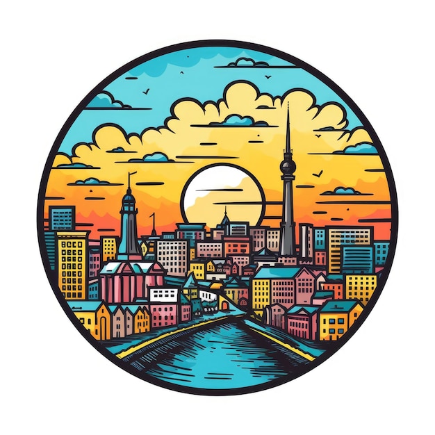 Ein kreisförmiger Rahmen mit der Mitte der Berliner Skyline im einfachen Doodle-Farb-Cartoon-Stil, schöne generative KI AIG32