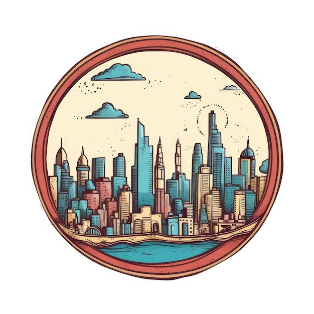 Ein kreisförmiger Rahmen mit der zentralen Fläche der Skyline von Melbourne im einfachen Doodle-Cartoon-Stil Generative AI AIG32