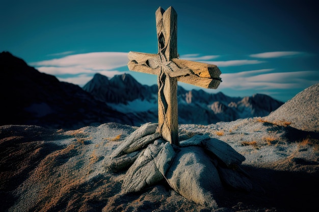 Ein Kreuz auf einem Berg mit Bergen im Hintergrund