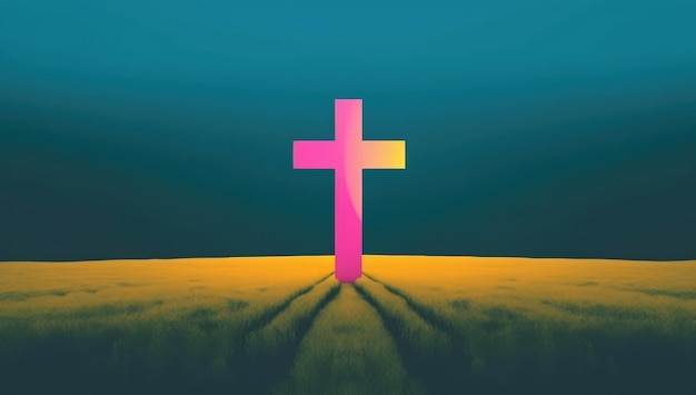 Ein Kreuz auf einem Feld mit blauem Hintergrund und dem Wort Jesus darauf.