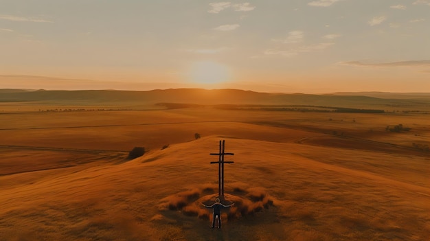 Ein Kreuz auf einem Hügel bei Sonnenuntergang