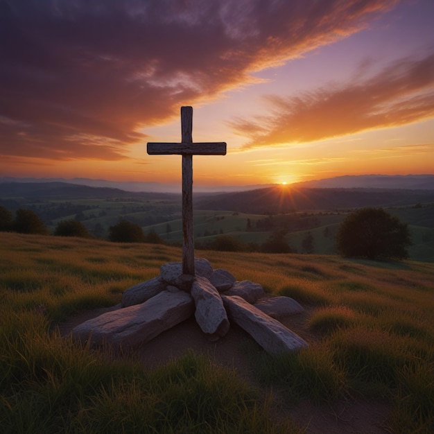 ein Kreuz auf einem Hügel, hinter dem die Sonne untergeht