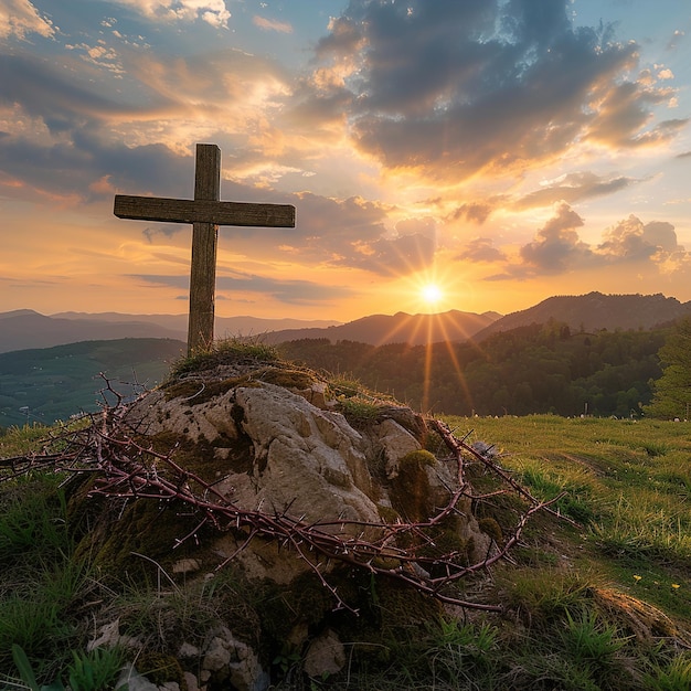 ein Kreuz auf einem Hügel, hinter dem die Sonne untergeht