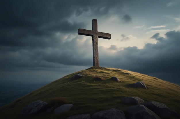 ein Kreuz auf einem Hügel mit einem bewölkten Himmel dahinter