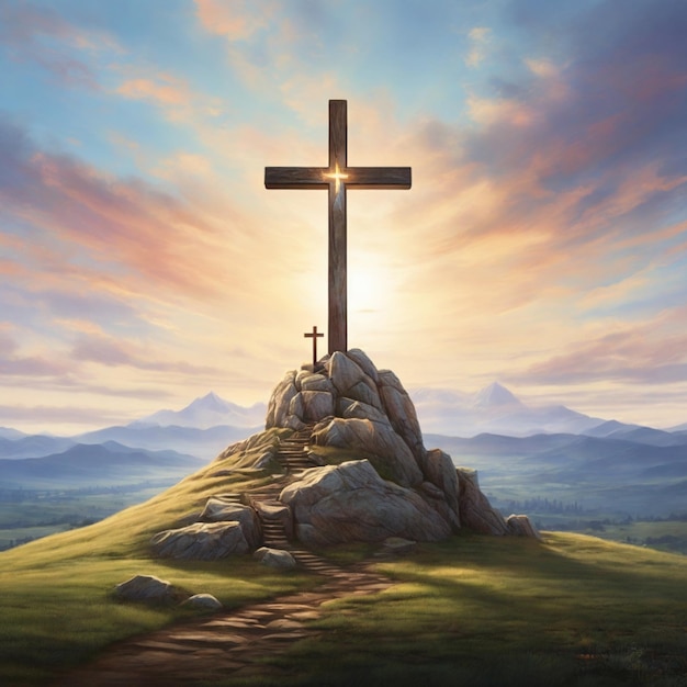 ein Kreuz auf einem Hügel mit einem Sonnenuntergang im Hintergrund