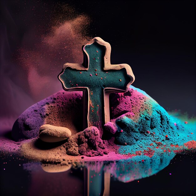 Ein Kreuz auf einem Sandhaufen mit violettem Hintergrund