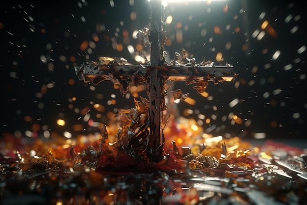 Ein Kreuz ist von orangefarbenem und gelbem Glitter umgeben.