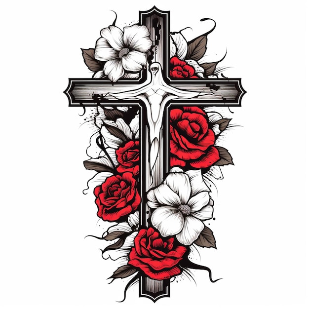 Foto ein kreuz mit rosen und blättern generativ ai