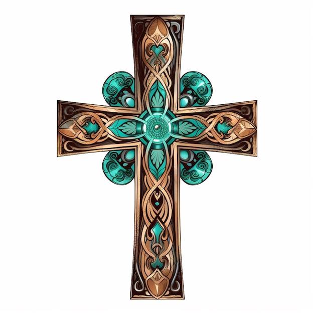 Ein Kreuz mit türkisfarbenen Edelsteinen und einem grünen Kreuz.