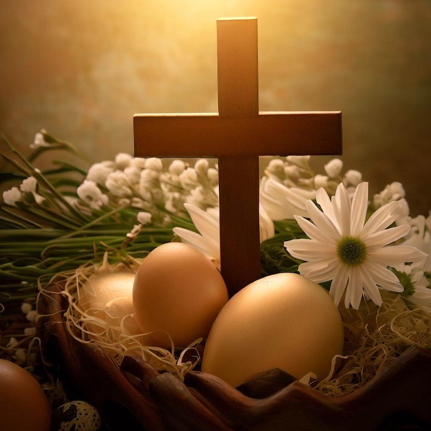 Ein Kreuz und Eier in einem Korb mit einer weißen Blume im Hintergrund