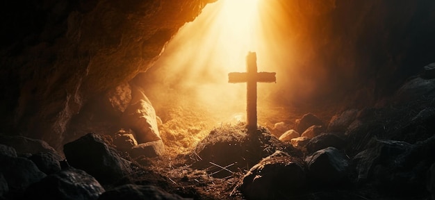 Ein Kreuz und ein Sonnenaufgang außerhalb einer Höhle