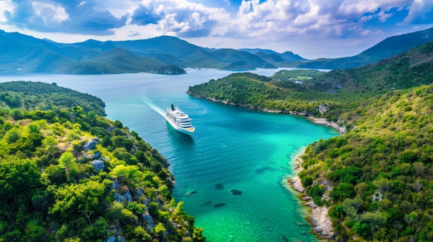 Ein Kreuzfahrtschiff fährt an einem klaren und sonnigen Tag in einer tropischen Bucht durch den Ozean