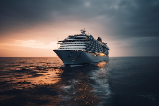 Ein Kreuzfahrtschiff im Meer mit einem bewölkten Himmel im Hintergrund.