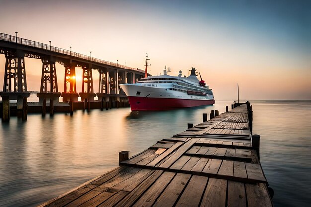 ein Kreuzfahrtschiff ist an einem Pier angedockt, während die Sonne hinter ihm untergeht.